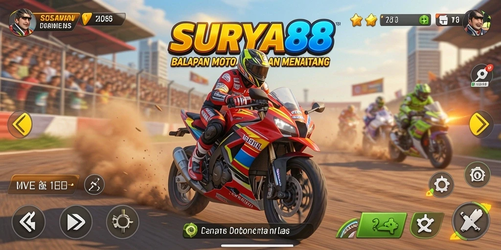 Screenshot utama SURYA88 menampilkan aksi balapan motor yang mendebarkan.