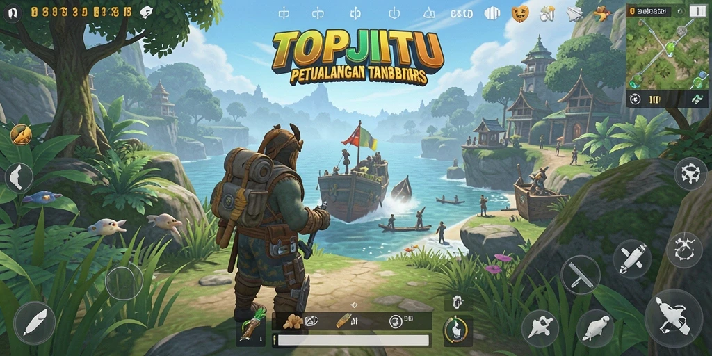 Screenshot menunjukkan karakter menjelajahi hutan lebat di TOPJITU.